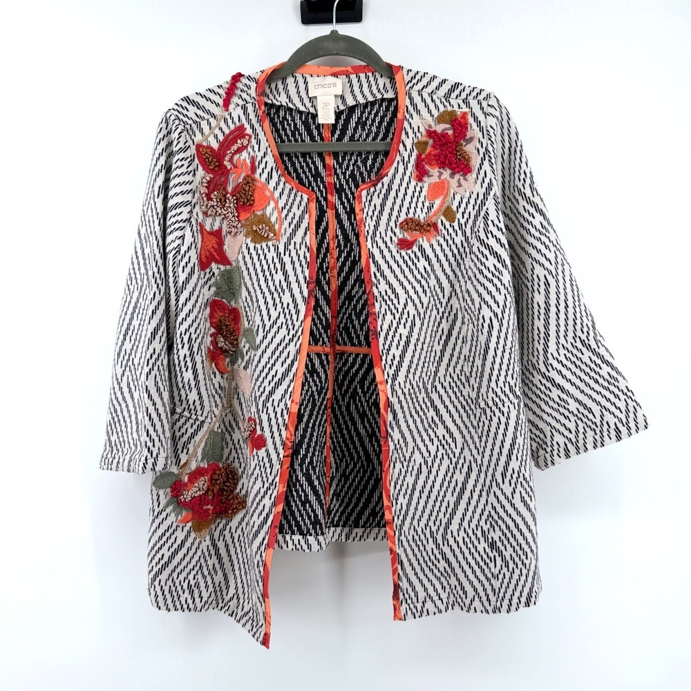 Chico's Jacket Floral Embroidered 12P Black White Womens Petite Open Front Boho
